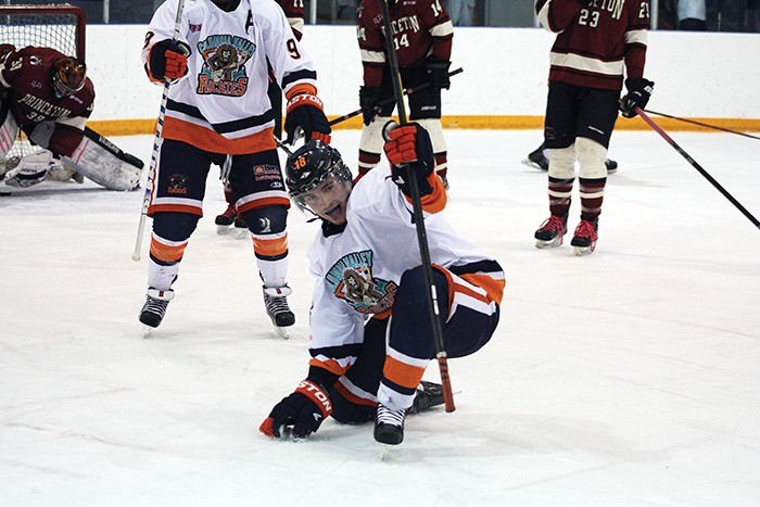 Rockies forward James Price celebrates after scoring what would end up being the game winning goal against Princeton on Friday