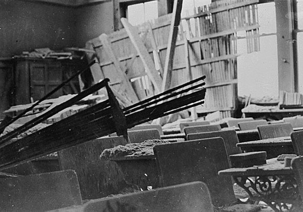 Classroom at Courtenay elementary school hit by a collapsing chimney in 1946