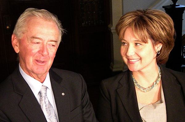 Preston Manning and Premier Christy Clark speak to reporters after a B.C. Liberal caucus meeting at the legislature Wednesday.