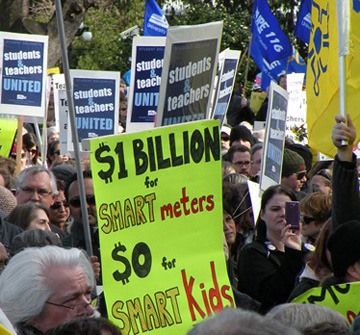 Teachers and other government union workers rally at the B.C. legislature during brief teacher strike in March 2012.