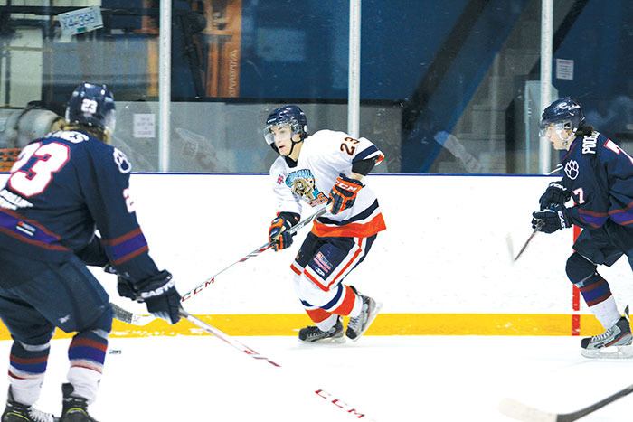 Columbia Valley Rockies forward Ryan Lawson hustles after a puck during a hard-fought loss on Saturday