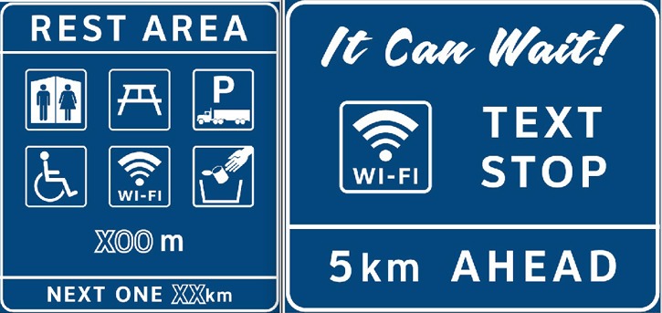 Signs are being put up to mark rest stops that will have free wireless service for highway travellers.