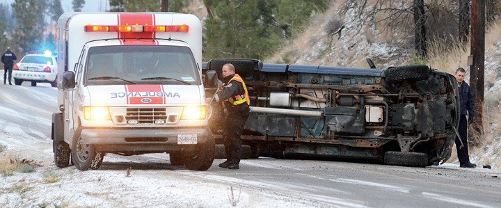 Single-vehicle accident after 2010 snowfall near Penticton. The transportation ministry is seeking public input on rural highway speed limits and snow tire requirements on winter roads.