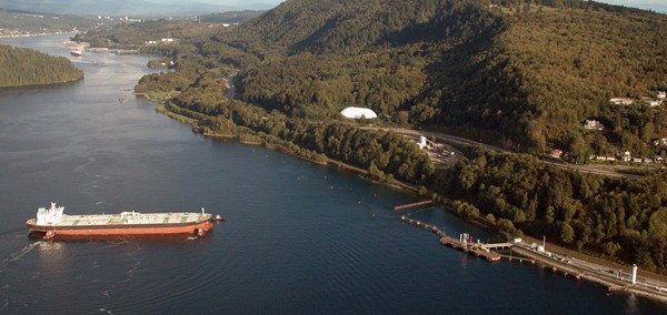 An oil tanker approaches the Westridge Terminal at Burnaby
