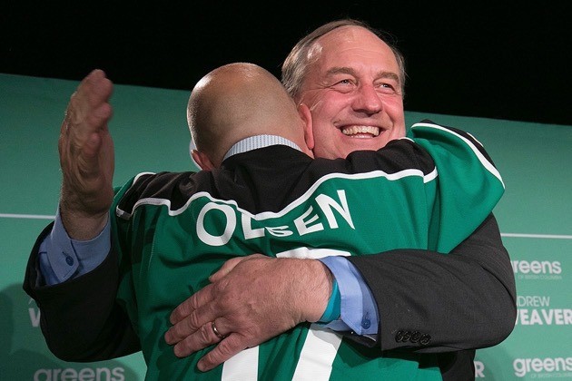 B.C. Green Party leader Andrew Weaver celebrates his party breakthrough with new Green MLA Adam Olsen.