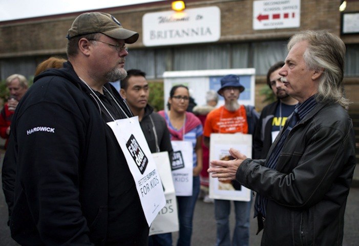 BCTF President Jim Iker (right) speaks with teacher Troy Hardwick