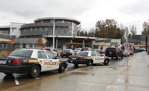 Numerous emergency vehicles were on scene at Abbotsford Senior Secondary on Tuesday afternoon after two students were stabbed.