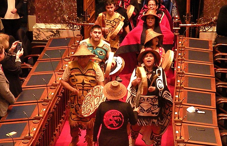 Nisga'a Nation musicians enter the B.C. legislature for swearing-in ceremony of MLAs Melanie Mark and Jodie Wickens Wednesday.