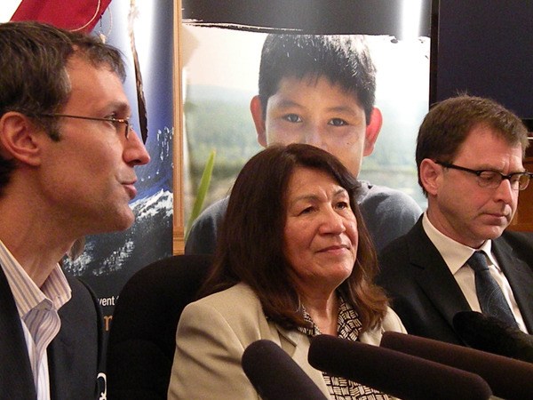 Retired hockey star Scott Niedermayer joins Ktunaxa Nation chair Kathryn Teneese and NDP leader Adrian Dix at a news conference to urge rejection of the Jumbo Glacier Resort.
