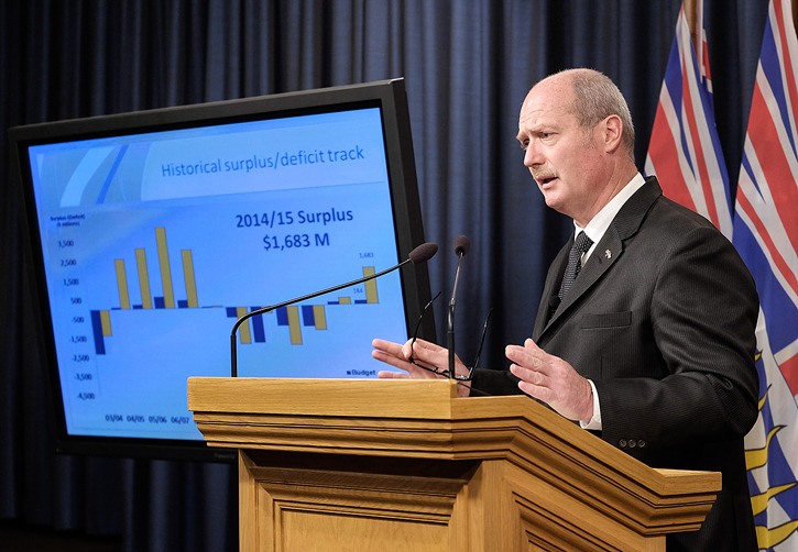 Finance Minister Mike de Jong shows chart of B.C. operating deficits and surpluses in recent years.