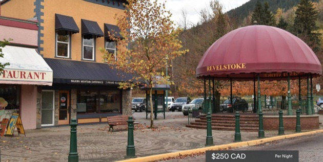 An upstairs apartment above a plaza in Revelstoke rents for $250 a night on Airbnb.