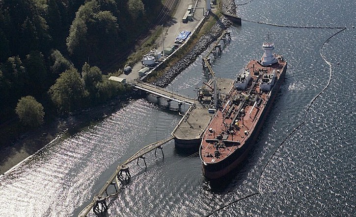 An oil tanker being loaded at Westridge Terminal at the end of the existing Trans Mountain pipeline in Burnaby.