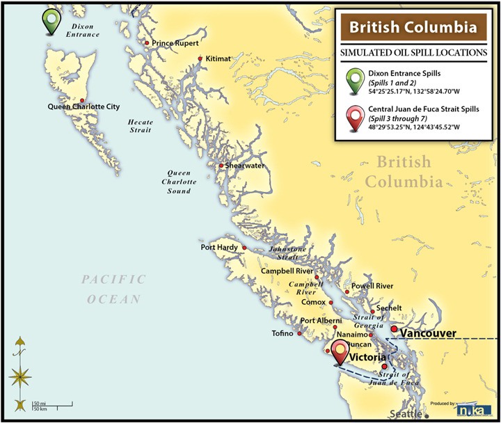 Map shows area of computer models simulating crude oil spills that could result from existing tanker traffic.