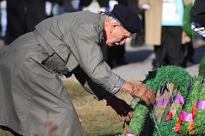 WW2 veteran Jim Ashworth lays a wreath during Remembrance Day ceremonies in Invermere on Sunday
