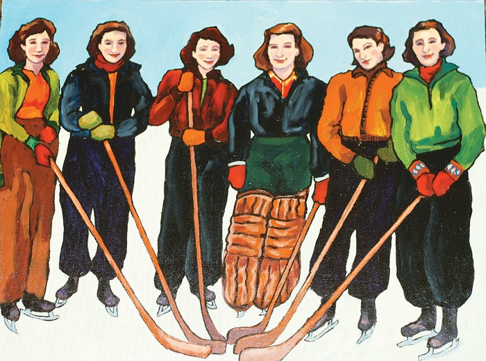 Local artist Paula Cravens' painting 'Marjorie's Team' is based on an old photograph of a women's hockey team. The work is one of several pieces on display this week for the B.C. Eastern Regional Pond Hockey Championships Centre Ice Art Contest showcase at Pynelogs Cultural Centre.