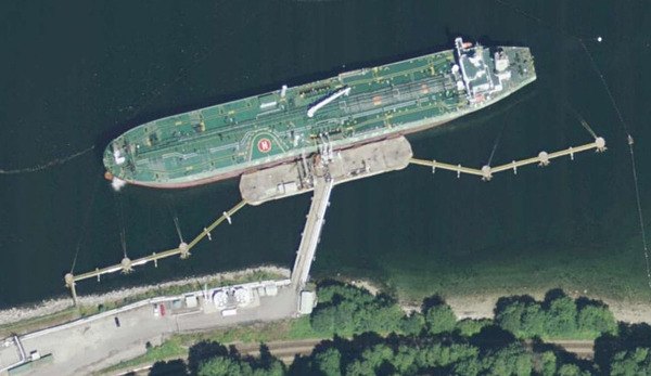 Oil tanker loads at Kinder Morgan terminal in Burnaby.