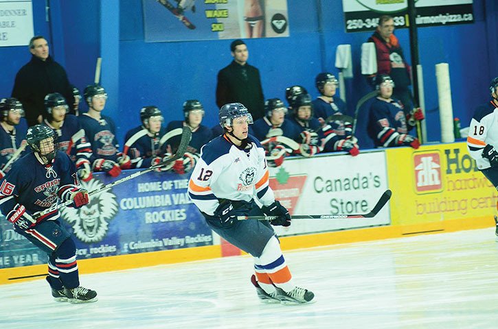 Rockies defenceman Nigel Swab keeps his eyes on the action in the Rockies’ game against Spokane on January 30th at the Eddie. Below