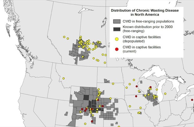 Known infections of chronic wasting disease in deer and other wildlife as of 2014.