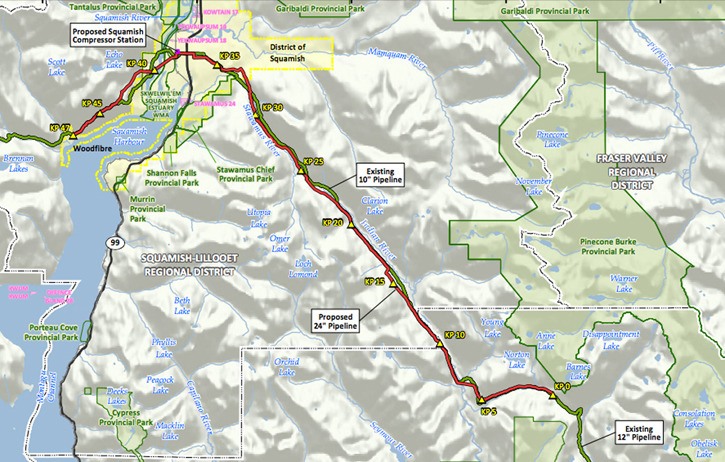 Proposed route of pipeline twinning project from north Coquitlam to Woodfibre
