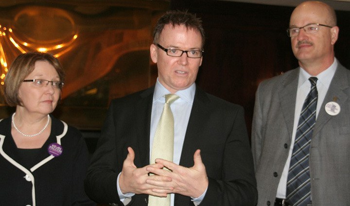 B.C. Liberal leadership candidate Kevin Falcon (centre) announces support from Transportation Minister Shirley Bond and Forests Minister Pat Bell in Prince George Monday.