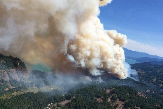 Aerial view of Wood Lake wildfire north of Harrison Hot Springs