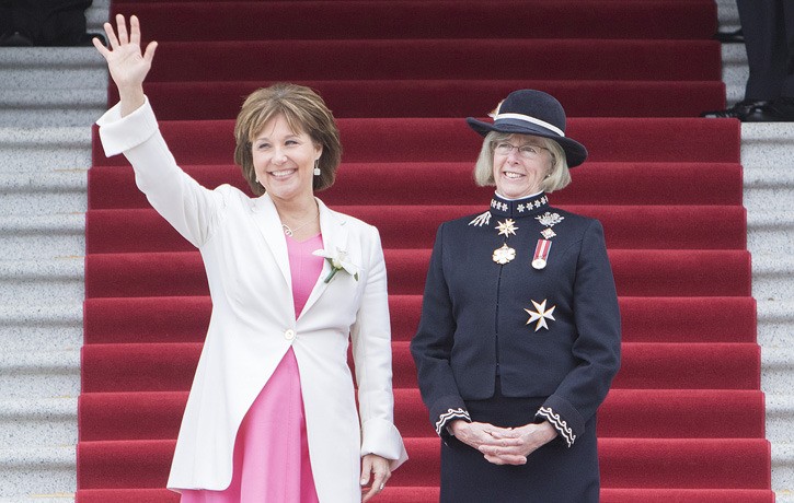 Premier Christy Clark meets Lt. Governor Judith Guichon at legislature in February for presentation of throne speech that set stage for the election.