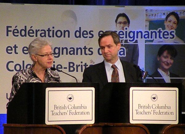 BCTF president Susan Lambert introduces Education Minister George Abbott for a rare appearance at the union's convention in March.