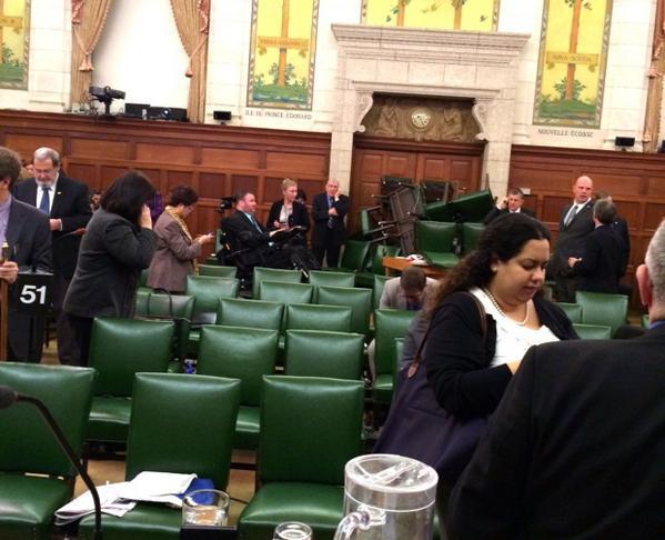 A photo taken in the Reading Room inside the House of Commons in Ottawa following Wednesday morning's shooting shows doors barricaded with furniture.