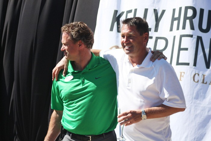 Brian Schaal (left) and Kelly Hrudey (right) at the final celebration and trophy presentation of the first-ever Kelly Hrudey and Friends Charity Golf Classic that took place at Copper Point Resort from Tuesday