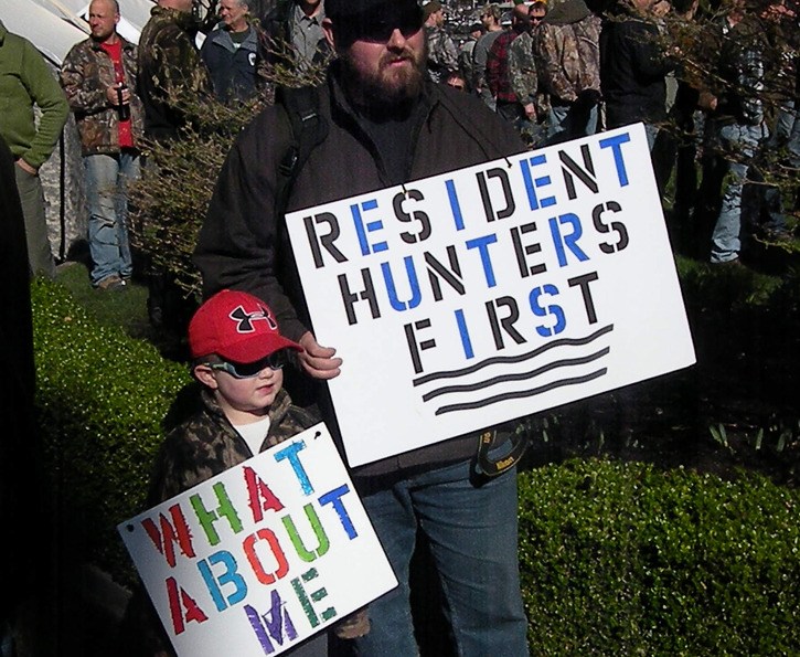 Greg Rensmaag and his son Connor travelled from Maple Ridge to Victoria to join a hunter rally at the B.C. legislature Monday.