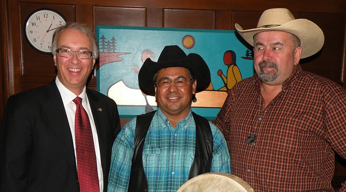 Aboriginal Relations Minister John Rustad (left) meets with Tsilhqot'in chiefs Roger William and Joe Alphonse (right) at his legislature office