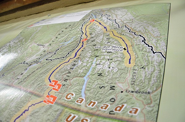 A map on display at the Columbia Salmon Festival shows the daunting path - complete with several dams en route - that salmon would need to navigate with 'truck and trap' assistance to make it to spawning areas in the Columbia Valley.