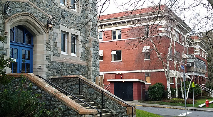 Closed nursing home (background) located across the street from Christ Church Cathedral elementary school in downtown Victoria is being converted to a 'low barrier' shelter for tent campers.