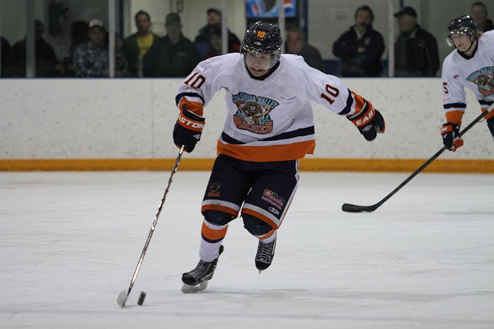 Rockies Forward River Lafferty gives 110 per cent as he takes the puck up the ice in a home ice 4-1 win over the Fernie Ghostriders on Saturday