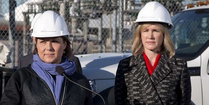 Premier Christy Clark and BC Hydro CEO Jessica McDonald announce main contractor for Site C dam construction at a BC Hydro substation in Burnaby Wednesday.