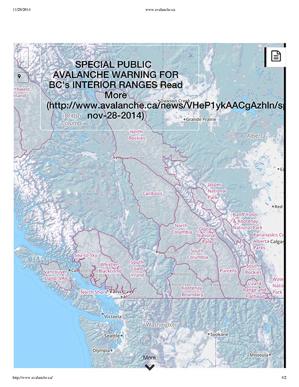 Avalanche Canada is issuing a special public avalanche warning for the mountains of BC’s interior