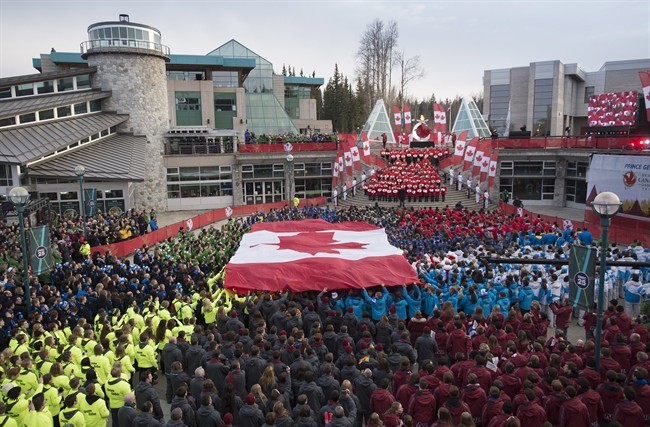 Athletes from every province and territory in Canada are seen during the closing ceremonies at the Canada Winter Games in Prince George