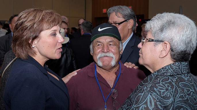 Premier Christy Clark mingles with aboriginal leaders at second annual cabinet-First Nations meeting in Vancouver Thursday.