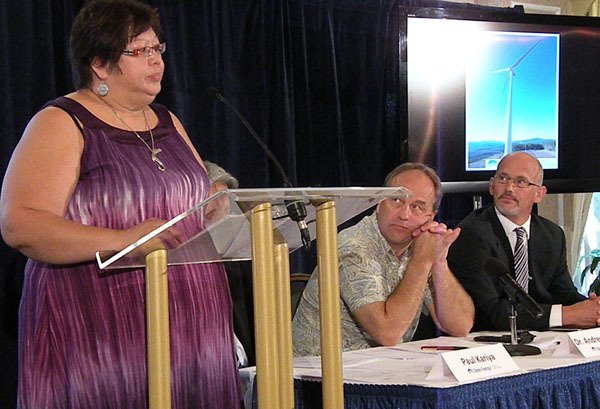 UVic climate scientist Andrew Weaver (centre) and Innergex Renewable Energy vice-president Graham Horn listen as Judith Sayers explains importance of small electricity development to aboriginal communities.