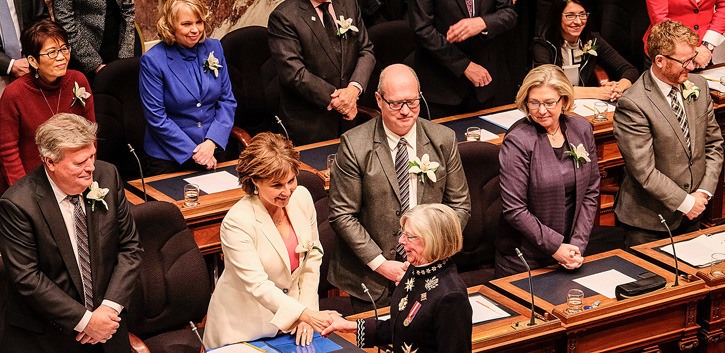 Premier Christy Clark greets Lieutenant Governor Judith Guichon at throne speech presentation Tuesday.
