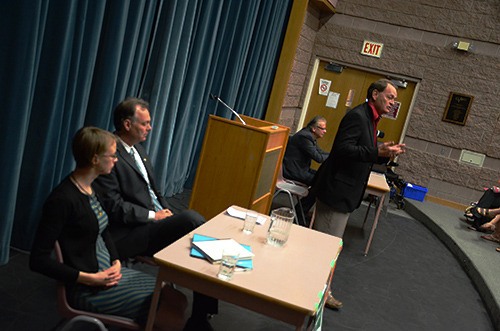 Conservative candidate Earl Olsen is seen presenting his ideology to the students at DTSS on Monday