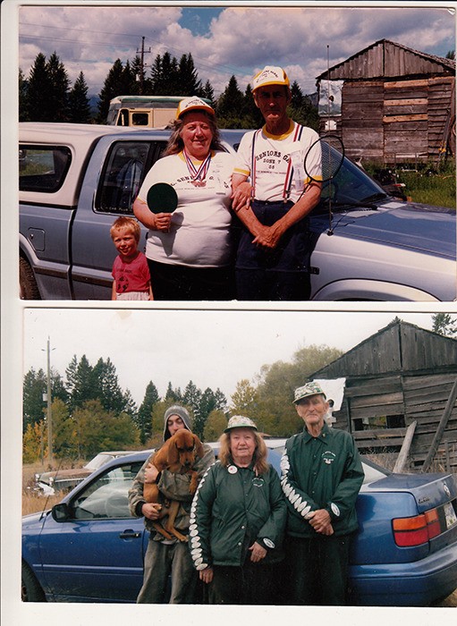 Joan and Art Galbraith proudly wearing their BC Senior Games uniforms with their grandson Art Galbraith on the family farm in Spillimacheen in 1988 (above) and again in 2009 (below)