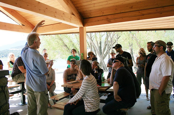 Groundswell Network executive director Bill Swan (left) speaks with permaculture students visting Invermere on renewable energy on May 23. His lesson fell in line with a course being offered locally by international recognized permaculture experts