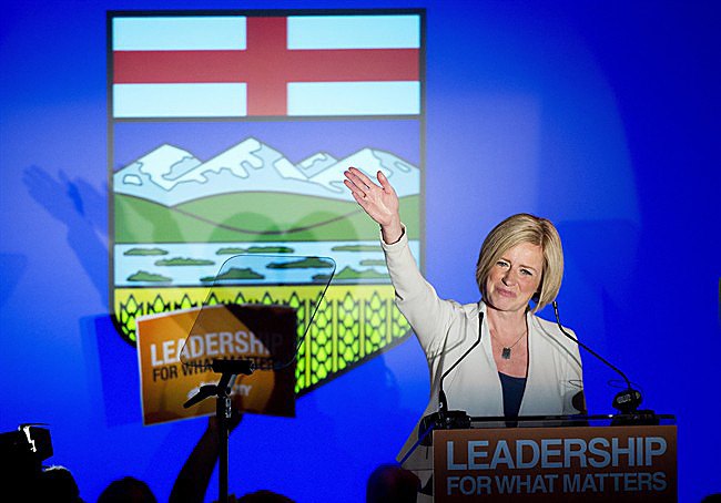 Alberta premier-elect Rachel Notley celebrates her majority government May 5.