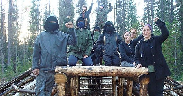 Victoria anarchist and veteran protester Zoe Blunt (right) with friends at the Unist'ot'en camp.