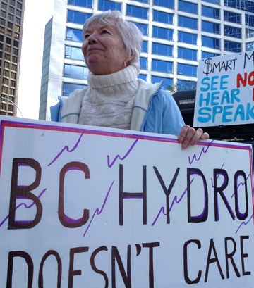 Sharon Noble protests BC Hydro's wireless meter program outside municipal convention in Vancouver
