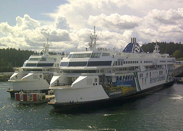 Two of BC Ferries' three German-built coastal class ferries at the dock at Swartz Bay.