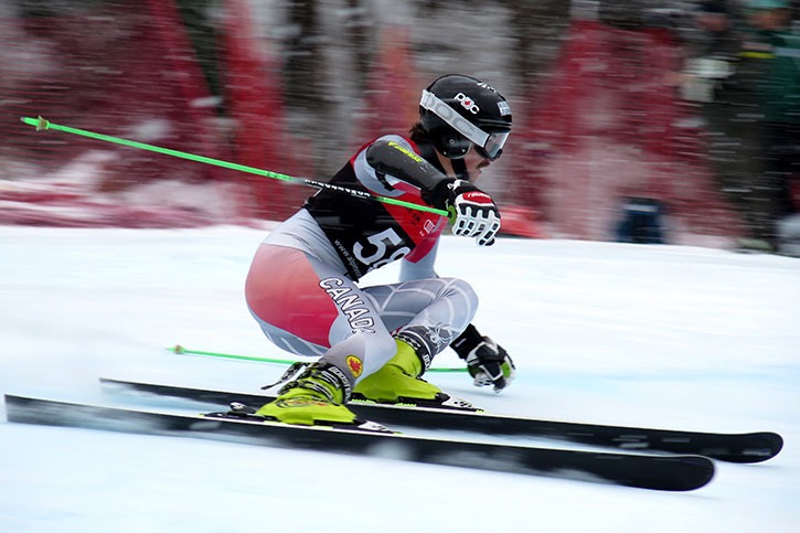 A ski racer in one of the GS events during the FIS race that took place at Panorama Mountain resort from April 6th to 9th. The race was supposed to take place at Whistler and Grouse Mountains but poor conditions forced it to move and Panorama reaped the benefits.