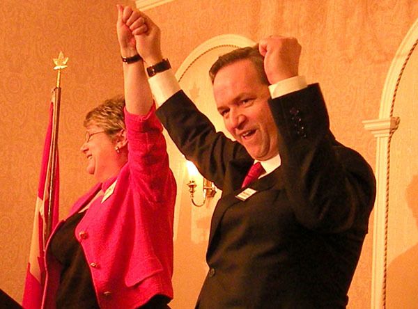 Shuswap MLA George Abbott celebrates with leadership rival Moira Stilwell