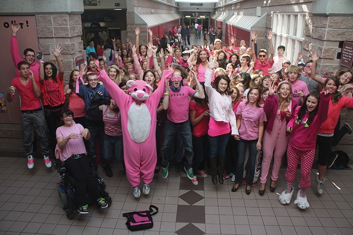 Students at David Thompson Secondary School celebrate the 'Sea of Pink' anti-bullying day on Thursday